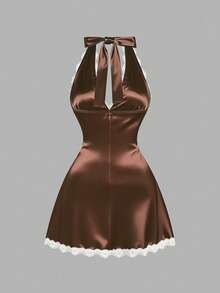 Sweetra Hot Girl Style Sexy Deep V-Neck Lace Satin Halter Neck Dress, Backless A-Line Versatile Slimming Short Dress For Travel And Vacation Concert Brown - Brown - View 2