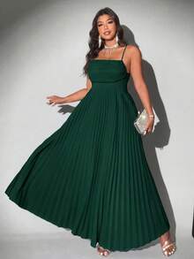 Viva Relle Plus Size Elegant Solid Color Spaghetti Strap Pleated A-Line Dress - Dark Green - View 3
