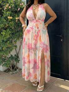 GalTyme Plus Size Vacation Beach Floral All-Over Print High Slit Backless Halter Neck Dress - Multicolor - View 7