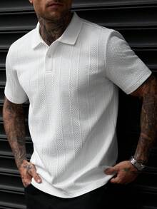Manfinity CasualCool 男士紋理提花 Polo 衫，休閒日常短袖上衣，通勤與休閒必備，正式場合適用 - 白色 - 查看 3