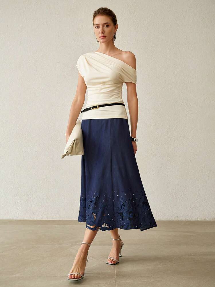 SPRING/SUMMER ELEGANT A-LINE EXQUISITE HEAVY EMBROIDERY RHINESTONE EMBELLISHED DENIM EFFECT SKIRT