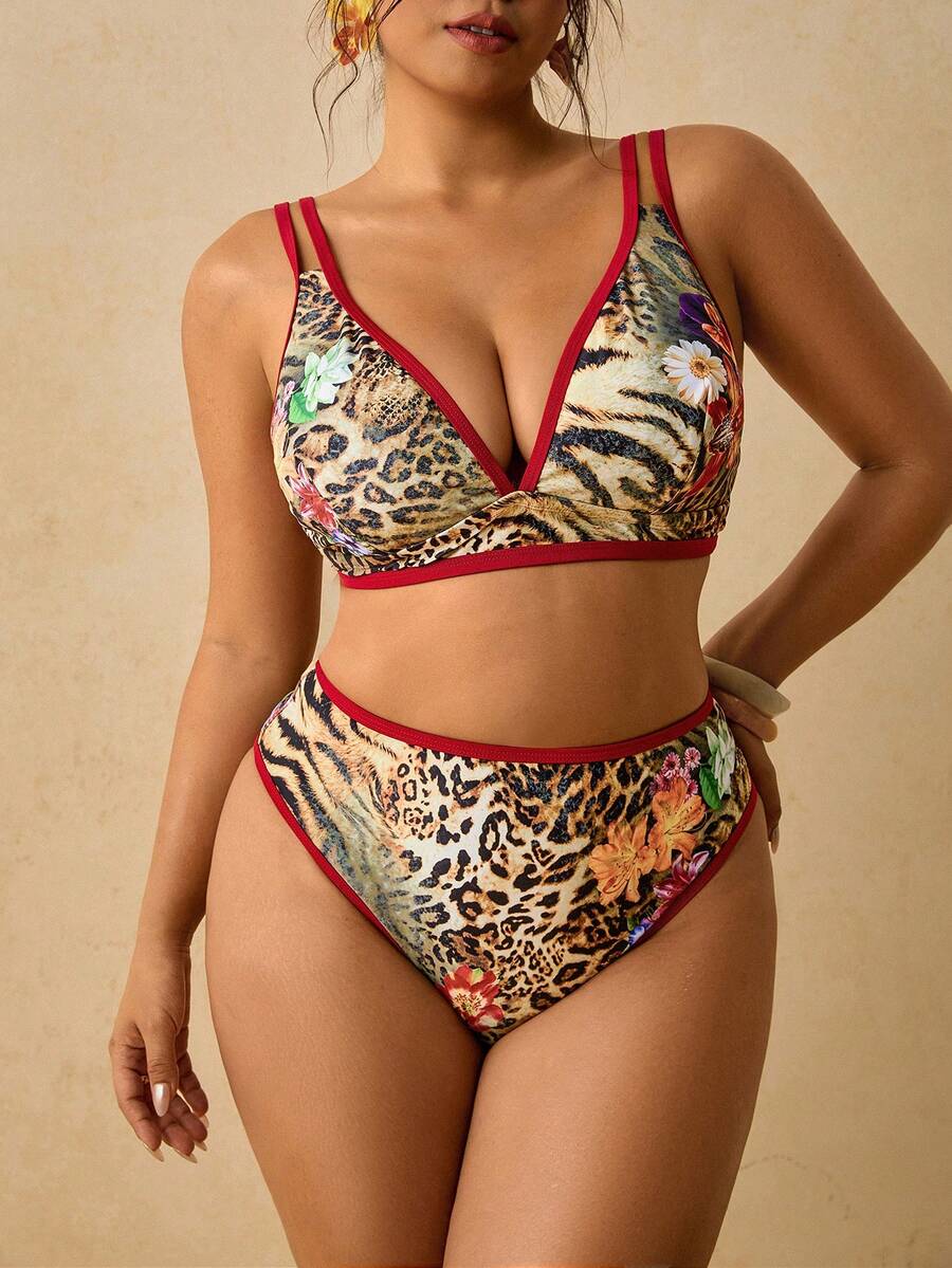 Travachic Conjunto de bikini de triángulo para mujer de talla grande con estampado de leopardo en bloques de color, con tiras y bragas de triángulo