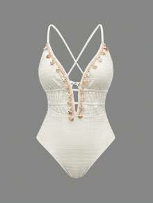 Sweetra Bikini de dos piezas para mujer Swim Oasis-D de color liso con tirantes finos y decoración de cadena de concha en la parte delantera - Beis - Ver 5
