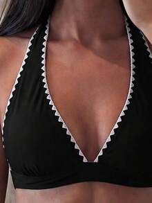 Bonvoyette Contrast Trim Two Pieces Swimsuit Set - Black - View 4