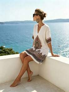 SHEIN Holidaya White Summer Boho Holiday Vacation Holiday Bohemian V-Neck Printed Dress,Exotic Geometric Retro Pattern Loose Relaxed Fit Skin-Friendly Beach Dress - Multicolor - View 6