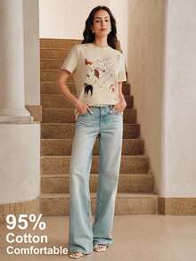 Anewsta 休閒女款T恤，可愛3D刺繡T恤，杏色狗狗刺繡T恤，95%棉，5%彈性纖維上衣 - 杏色 - 查看 3