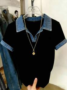 GlowEve Women's Contrast Faux Denim Collar Casual T-Shirt, Loose Fit Short Sleeve Top With Faux Denim Trim, Black Faux Denim Patchwork Polo Tee, Comfortable Daily & Streetwear, New Summer Casual Wear, Relaxed Fit Color Block V-Neck Blouse, Faux Denim Collar Top For Everyday Wear - Multicolor - View 6