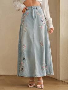 Anewsta 女款新款時尚夏季重工刺繡修身設計開衩裙 - 藍色 - 查看 4