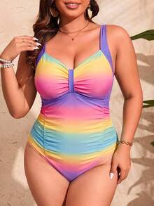 Slaydiva Baju Renang Terusan Tanpa Lengan Ukuran Besar untuk Pantai Musim Panas dengan Pinggang Tinggi dan Leher V Motif Ombre - MultiWarna - View 7