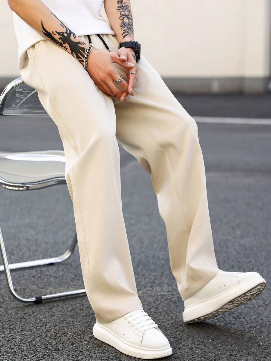 Manfinity Homme 男士纯色直筒裤,纯色工作长款锥形休闲裤,适合丈夫、男朋友的礼物,适合秋季 - 米色 - 查看 1