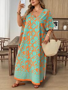 SHEIN CURVE+ Plus Size Women's Geometric Print Batwing Sleeve Dress - Multicolor - View 4