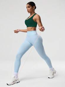 Seamluxe SHEIN Sport Women's Solid Color Sleeveless Short Cropped Yoga Racerback Tank Top Workout Tops Built-In Bra - Army Green - View 5