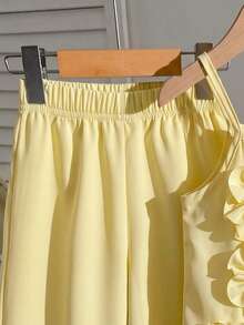 Young Girls Solid Color 3D Floral Camisole & Pants Set - Yellow - View 7