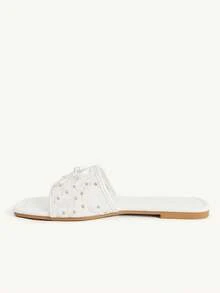 CUCCOO CHICEST White Square Toe Small Daisy Embroidered Sandals, Mesh Yarn, Daily Commuting Versatile Mules Summer - White - View 6