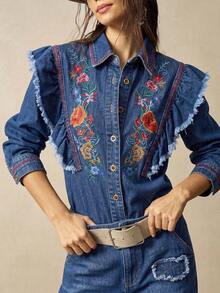 Bohemela 女款復古休閒花卉刺繡荷葉邊毛邊襯衫 - 藍色 - 查看 7