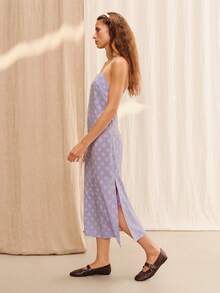 lacRébo Vestido midi de tirantes con estampado floral lila, abertura lateral y espalda abierta, vestido de satén casual de verano para vacaciones y noche - Púrpura malva - Ver 5