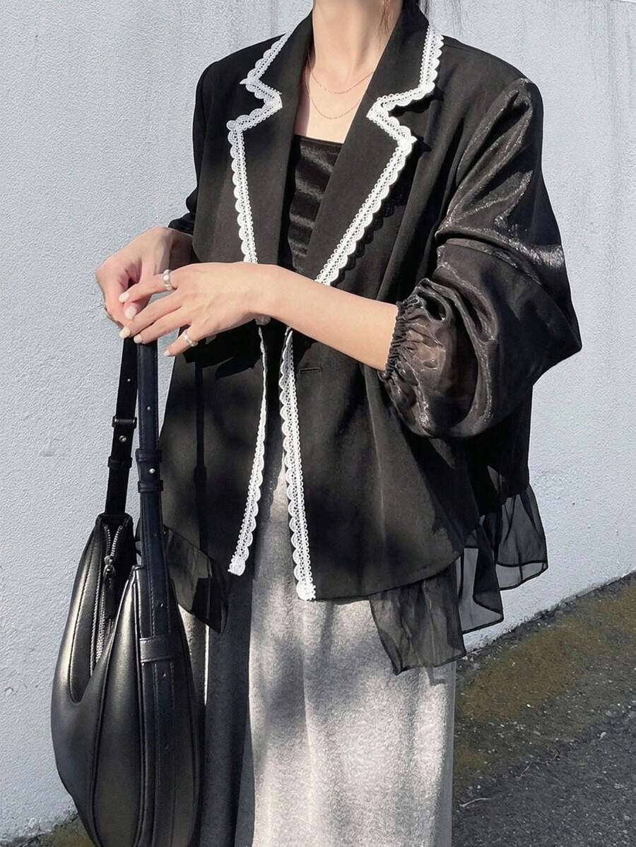 FRIFUL Women's Lace Contrast Trim Lapel Semi-Transparent Mesh Patchwork Jacket - Black - View 1