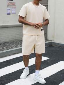 Manfinity Roghcode Men's Round Neck Printed Short Sleeve T-Shirt And Drawstring Waist Shorts Casual Daily Outfit, Holiday - Grey - View 4