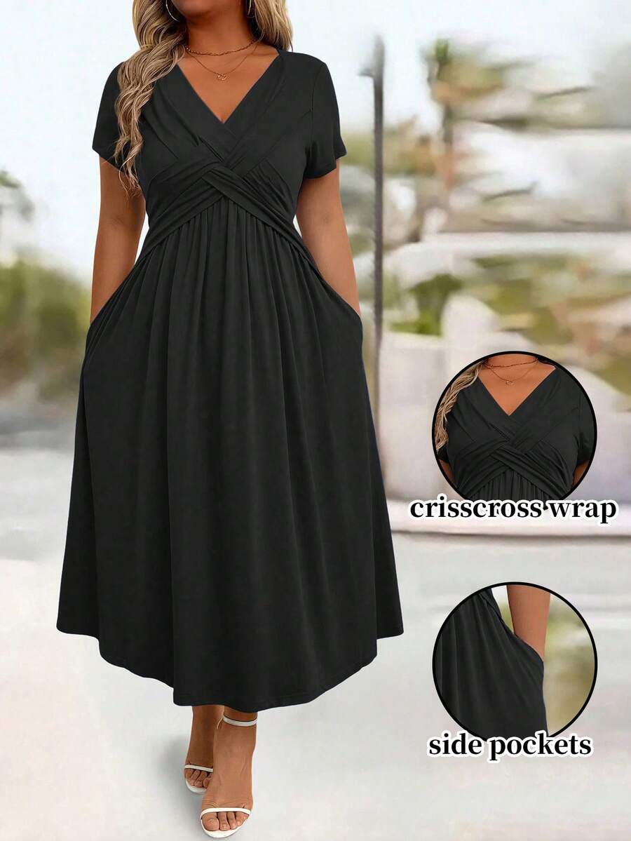 EMERY ROSE Große Größen Lässig einfarbiges V-Ausschnitt Taillengürtel Schrägkaschen Sommerkleid, für Thanksgiving Maxikleid Damen Outfit - Schwarz - Übersicht 1