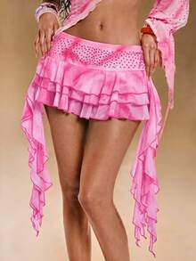 ROMWE Y2K Spring/Summer Vacation Sexy Wild Hot Gradient Print Waist Rhinestone Embellished Ruffle Hem Women's Mini Cake Skirt - Baby Pink - View 8