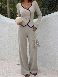 DAZY 2pcs Women Contrast Color Knit Top And Wide Leg Pants Set,Fall Clothes Lounge Sets For Women - Apricot - View 14