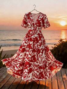 Vionelle Plus Size V-Neck Short Sleeve Floral Print Dress - Red - View 1