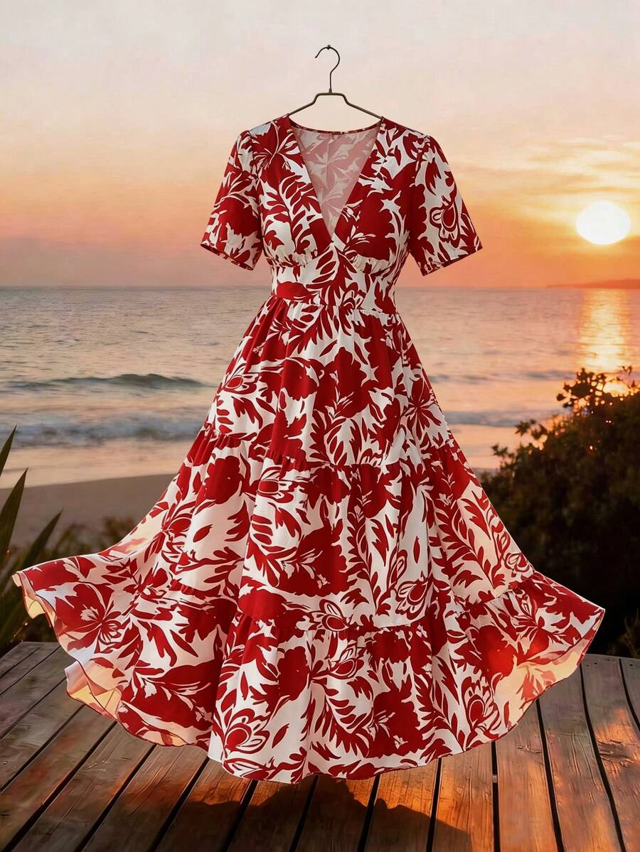 Vionelle Plus Size V-Neck Short Sleeve Floral Print Dress - Red - View 1