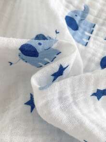 SHEIN Playful Pals 2件組男嬰藍白大象動物星星印花可愛休閒韓風柔軟面料雙層領鈕扣短袖襯衫+彈性腰純棉短褲套裝，百搭造型適合夏季日常穿著、旅行、度假、公園、遊樂園、派對等 - 藍色 - 查看 4