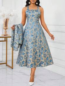 SHEIN Lady 女款夏季優雅提花背心洋裝與外套兩件套 - 淺藍色 - 查看 4