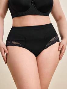 Hourtrue 1pc Plus Size High Waist Seamless Lace Pattern Shaping Briefs For Women - Black - View 5