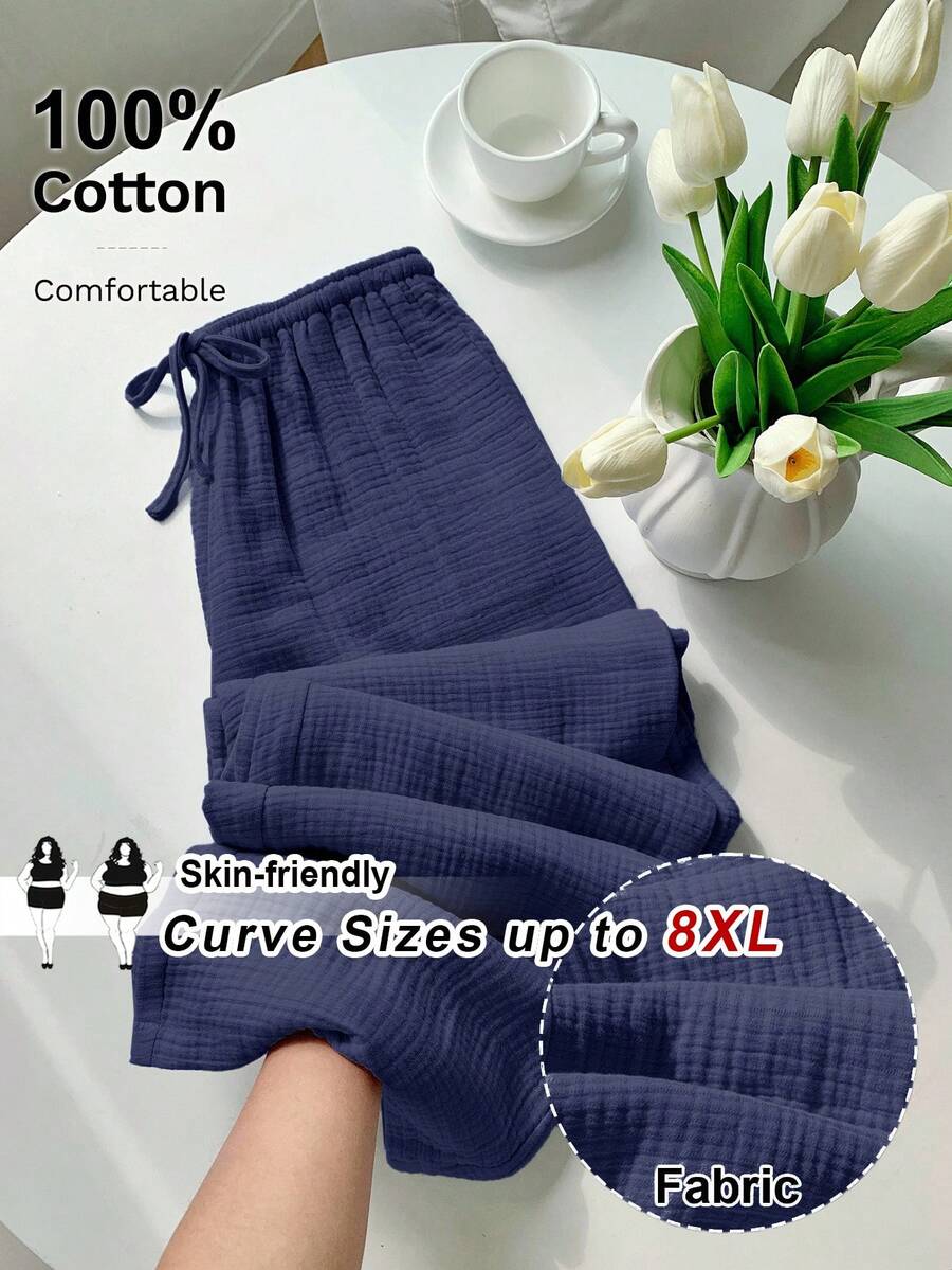 SHEIN CURVE+ Curve Size US22 Women's Summer Boho Vacation Holiday Navy Blue Wide-Leg Pants,Elegant Casual Beach Outfits With Pockets,Music Festival - Navy Blue - View 1