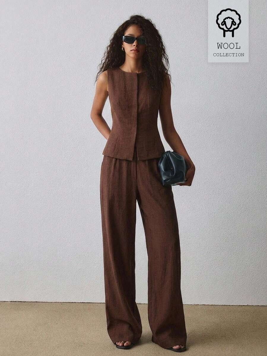 ATUI Studio Women's Summer Casual Solid Color Round Neck Tank Top And Pants 2 Pieces Set - Brown - View 1