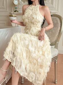 DAZY Summer Elegant Slim Fit Lace Dress Sleeveless Women's Midi Dress - Beige - View 1
