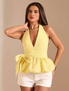 SHEIN BAE Spring/Summer Solid Yellow Deep V-Neck Halter Backless Puff Blouse For Women - Light Yellow - View 5