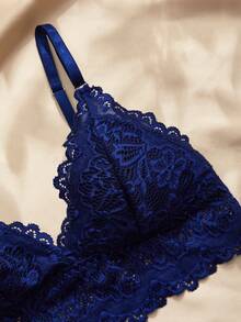 SHEIN 女款浪漫優雅花卉蕾絲無鋼圈內衣內褲套裝 - 藏蓝色 - 查看 3