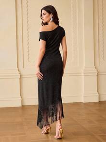 ZEYLAH Spring/Summer Asymmetric Neck Asymmetric Hemline Tassel Dress - Black - View 5