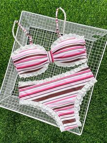 Swim Mod Women's Lace Beaded Decor Sweet Pink Bikini Bra And Bottoms 2 Pieces Set Beach Vacation Summer Tropical - Multicolor - View 3
