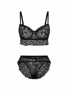 AltBold Standard Size Women's Sexy All-Over Lace Print Lingerie Set, Punk Style Bra And Panty 2pcs - Black - View 4