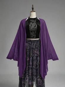 ROMWE Goth Cardigan fin en maille transparente vintage à manches chauve-souris sombres et ourlet asymétrique - Prune - Voir 3
