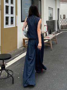DAZY 女款夏季通勤肩部綁帶無袖上衣與長褲兩件套 - 藍色 - 查看 5