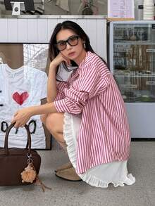 DAZY 女款粉色條紋單排扣POLO領長袖甜美襯衫 - 粉色 - 查看 6