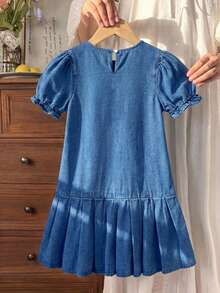 SHEIN Tween Girl Textured Bow Detail Pleated Dress - Medium Wash - View 2