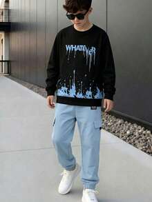 SHEIN 2件組青少年男孩黑色標語印花長袖圓領運動衫 & 淺藍色長褲套裝，酷街頭風，柔軟舒適面料，易穿脫，適合春/秋季、上學、外出，必買熱銷款 - 彩色 - 查看 6