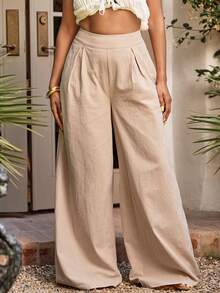 Vixey 100% Cotton Pleated Wide Leg Vacation Pants With Pockets Resort Wear Tropical Beach To Dinner Chic Ready Beige Autumn Casual - Khaki - View 1