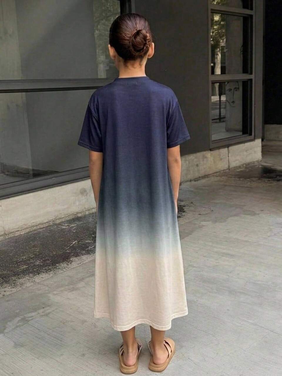 Round Neck Pullover Gradient Minimalist Straight Fit T-Shirt Casual Girls (Large) Dress