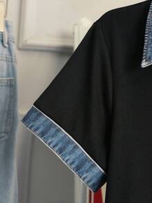GlowEve Women's Contrast Faux Denim Collar Casual T-Shirt, Loose Fit Short Sleeve Top With Faux Denim Trim, Black Faux Denim Patchwork Polo Tee, Comfortable Daily & Streetwear, New Summer Casual Wear, Relaxed Fit Color Block V-Neck Blouse, Faux Denim Collar Top For Everyday Wear - Multicolor - View 3