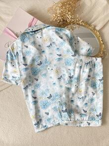 SHEIN 女童美麗優雅可愛蜜蜂與雛菊印花短袖短褲休閒舒適兩件式居家服套裝 - 淺藍色 - 查看 2
