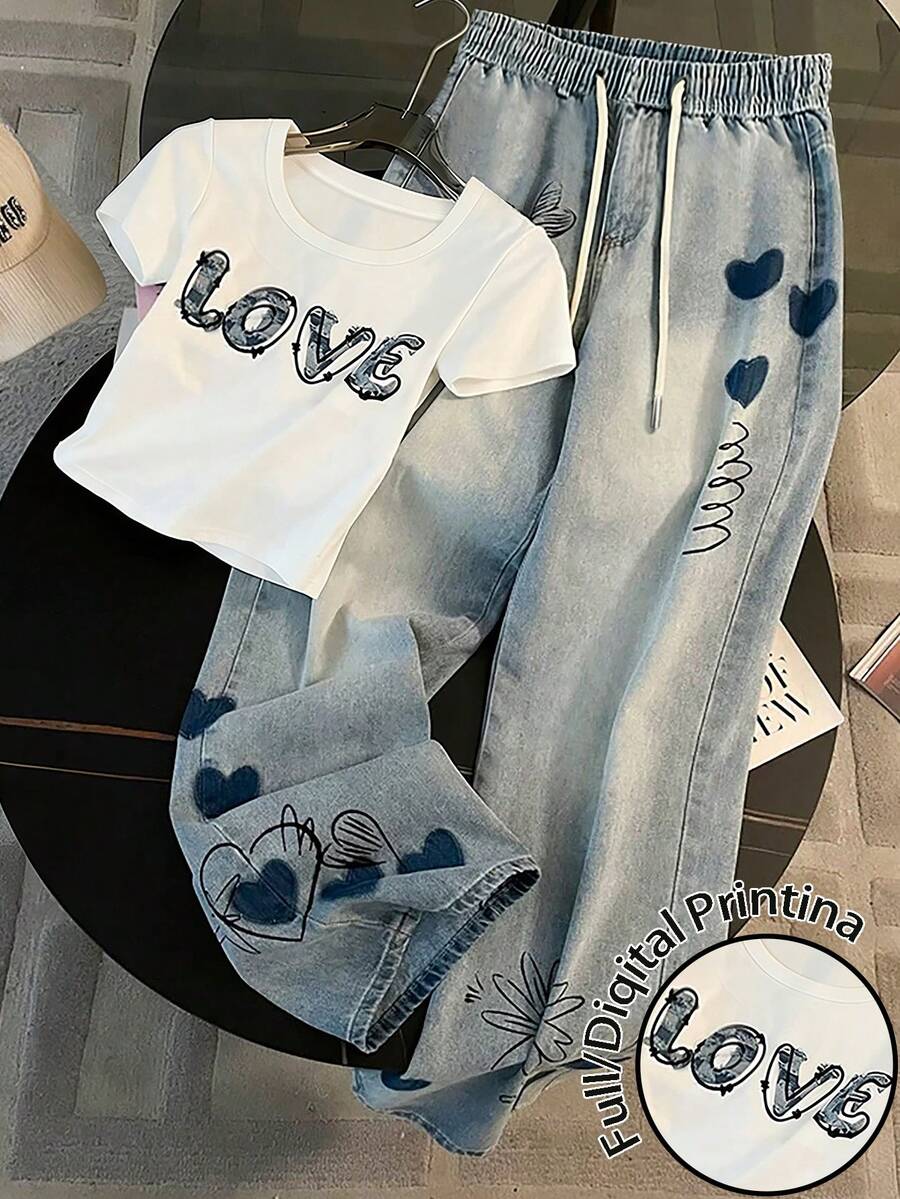 Franclia Matching Short Round Neck Raglan Sleeve T-Shirt + Straight Leg Pants With Side Pockets - White - View 1