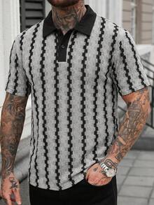 Manfinity CasualCool 男士拼色 Polo 衫，復古幾何提花休閒上衣，適合儀式場合 - 淺灰色 - 查看 3