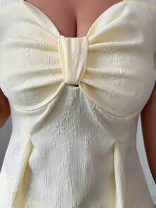 SHEIN Clasi 女士时尚方领扭腰修身短袖荷叶边下摆浪漫优雅休闲通勤约会度假海滩派对晚宴衬衫，浅黄色，春夏款 - 黃色 - 查看 8